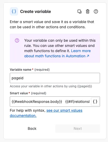 Screenshot of the Create variable action configuration