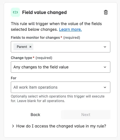 Example Screenshot of the Field value changed trigger configuration
