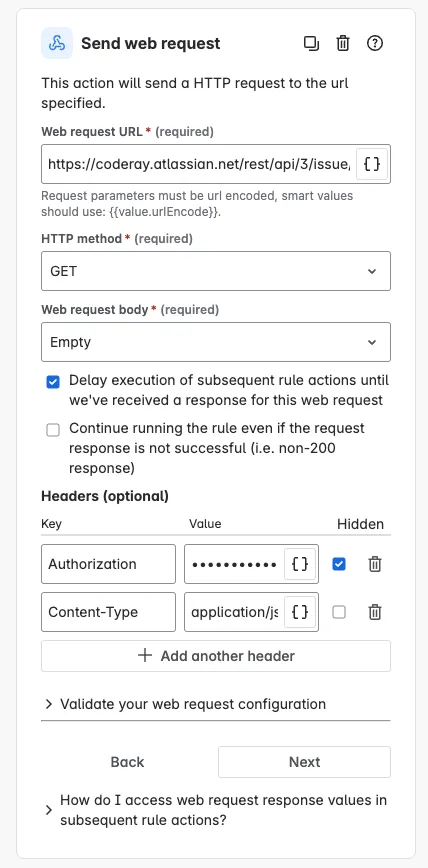 Screenshot of the Send web request action (GET) configuration.