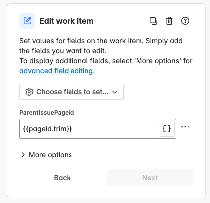 Screenshot of the Edit work item fields action configuration.