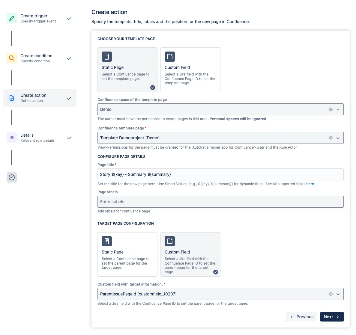 Example Screenshots of the Create Action section