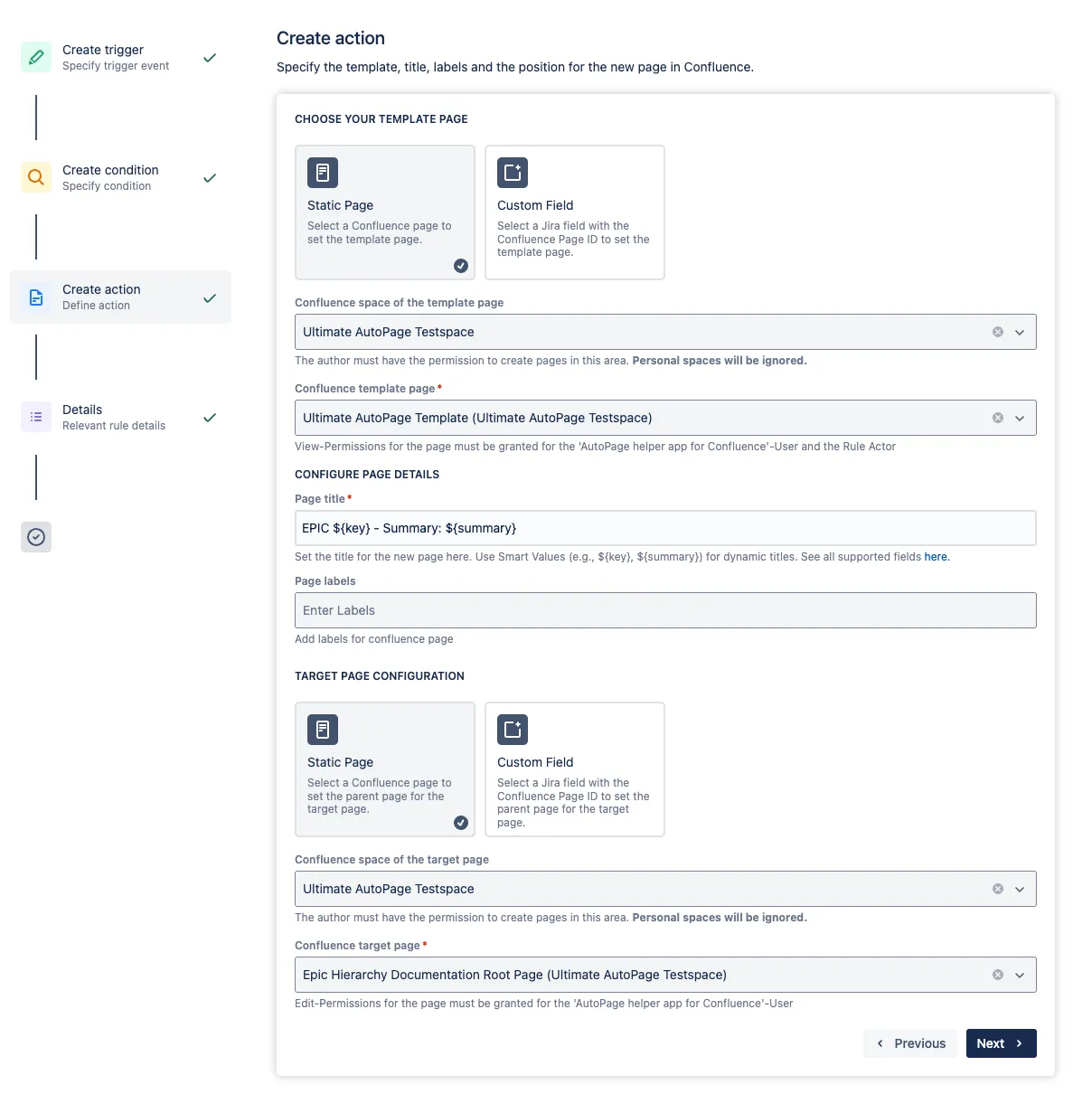 Example Screenshots of the Create Action section