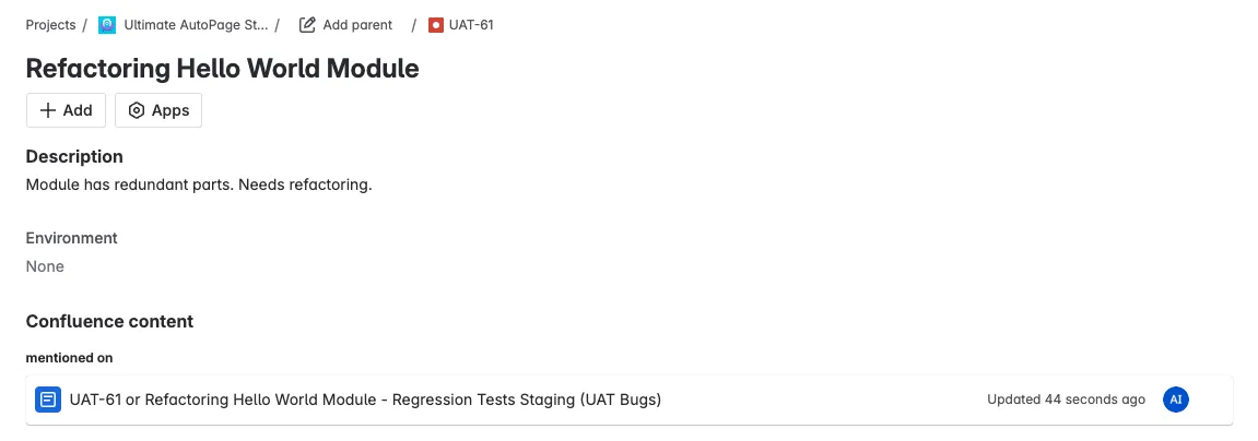 Example Screenshot of an work item detail view showcasing the link to a Confluence page